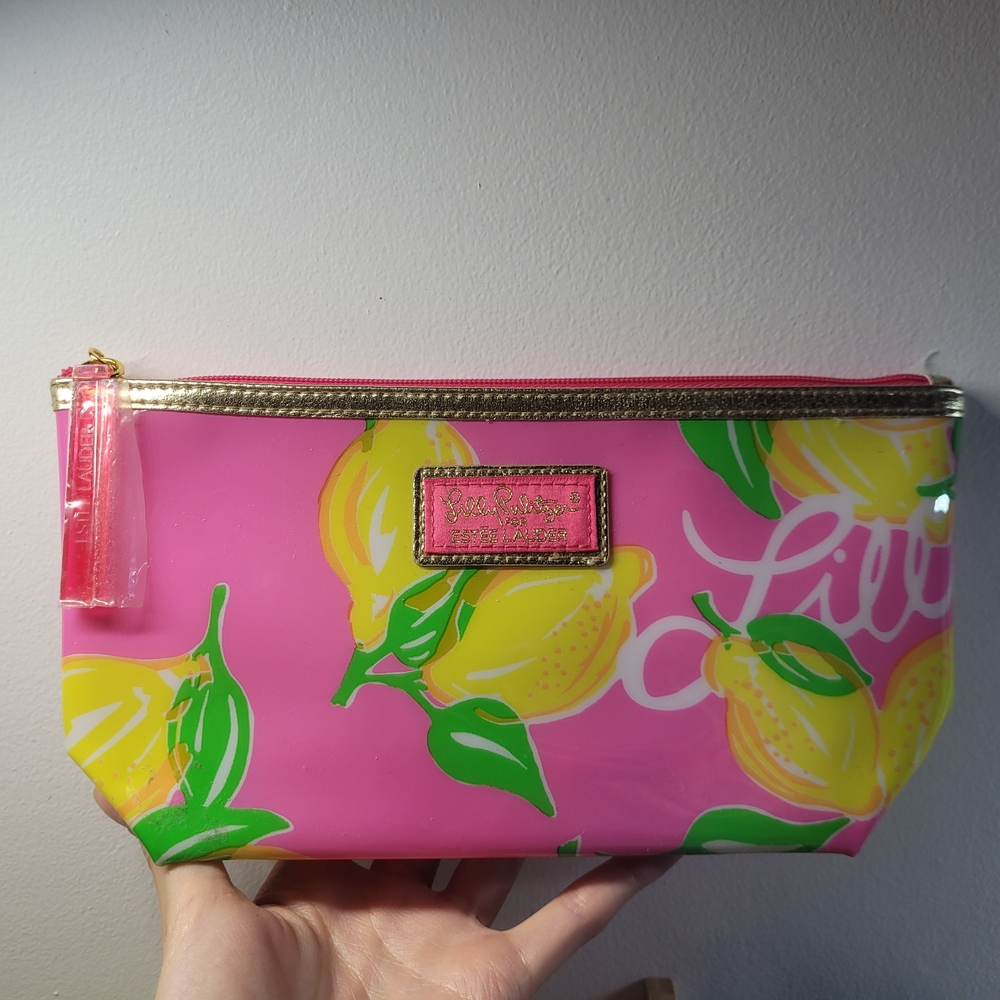 Lilly Pulitzer Pink Lemon Print Cosmetic Pouch with Gold Trim